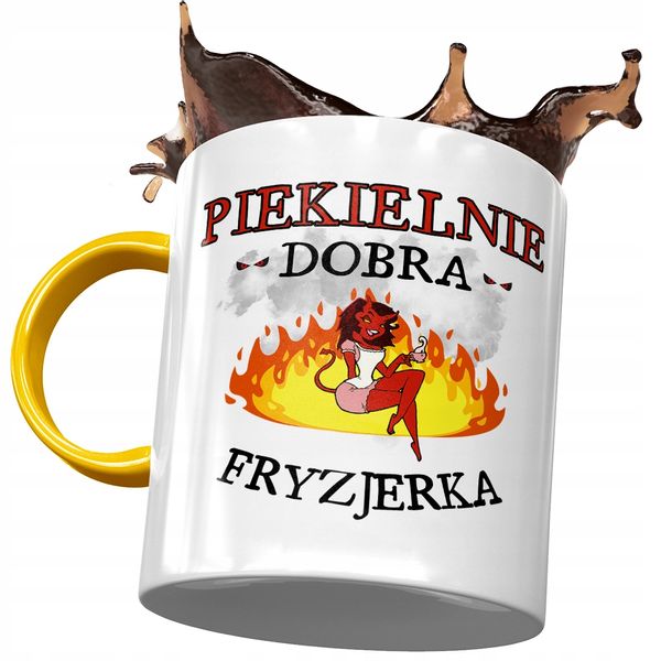 Kubek Żółty Dla Fryzjerki Piekielnie Dobra Z Nadrukiem Ze Zdjęciem zdjęcie 1