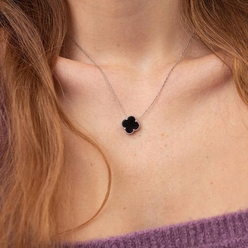 SREBRNY Naszyjnik Damski Łańcuszek SREBRO pr. 925 Koniczynka ONYKS + GRATIS na Arena.pl