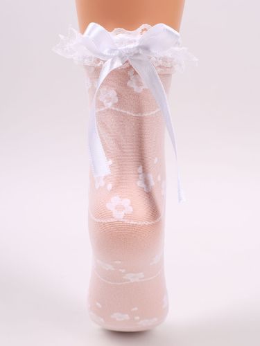 Skarpety dziewczęce rajstopowe kwiatki falbanka kokardka białe 35-38 YOCLUB na Arena.pl