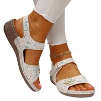 DAMSKIE SANDAŁY ELEGANCKIE KOLOROWE KWIATUSZKI SZYTE PŁASKIE RZEP