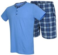 BAWEŁNIANA PIŻAMA MĘSKA KRÓTKI RĘKAW KRÓTKIE SPODNIE KIESZENIE KRATA