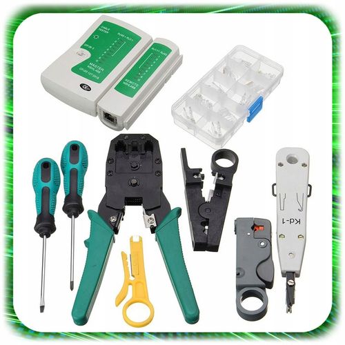 TESTER KABLI SIECIOWYCH RJ45 Przewodów Zaciskarka ZESTAW Sieci LAN ŚCIĄGACZ na Arena.pl
