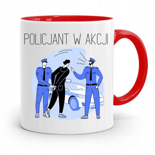 Kubek Czerwony Dla Policjanta Policjantki W Akcji Z Nadrukiem Ze Zdjęciem zdjęcie 1