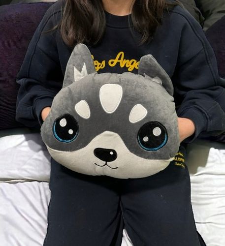 MASKOTKA PODUSZKA KOC OGRZEWACZ DO RĄK PIES HUSKY POPIELATY Z KOCEM 4w1 na Arena.pl