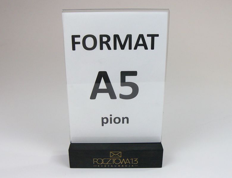 stojak na menu ulotkę plexi z drewnianą podstawką z grawerem A5 10szt zdjęcie 5
