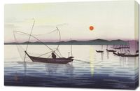 Obraz 90x60cm Boats and Setting Sun, Koson Japoński Vintage do Salonu