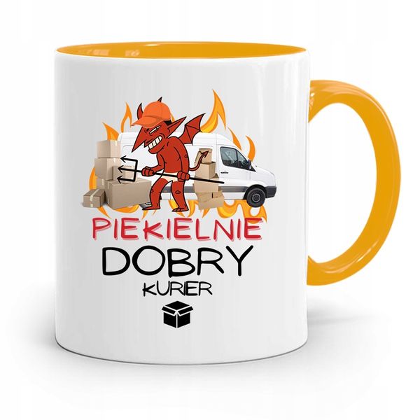 Kubek Żółty Dla Kuriera Piekielnie Dobry Prezent Z Nadrukiem Ze Zdjęciem zdjęcie 1