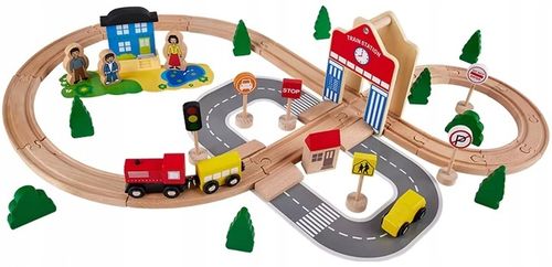 DREWNIANA KOLEJKA TOR WAGONY POCIĄG Budynki Ciuchcia Lokomotywa Zestaw na Arena.pl