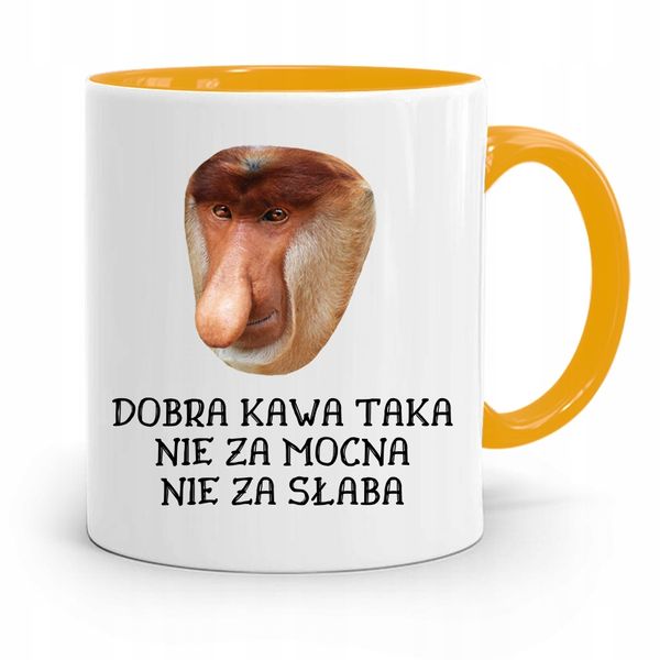 Kubek Żółty Nosacz Janusz Dobra Kawa Prezent Z Nadrukiem Ze Zdjęciem zdjęcie 1