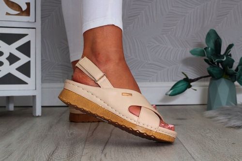 SANDAŁY DAMSKIE POLSKIE SKÓRA NISKI KOTURN RZEP na Arena.pl