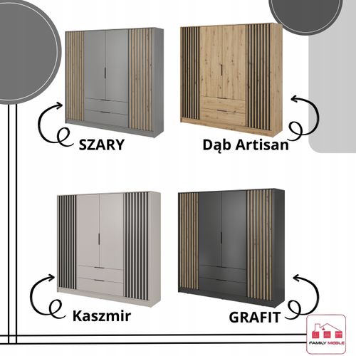 SZAFA GARDEROBA SOREN 4D KASZMIR 200CM OTWIERANA DUŻA PÓŁKI DRĄŻEK LAMELE na Arena.pl