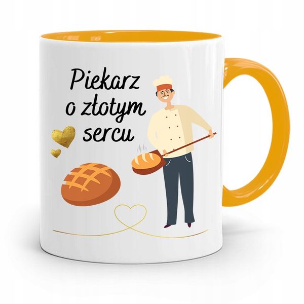 Kubek Żółty Dla Piekarza Piekarz O Złotym Sercu Z Nadrukiem Ze Zdjęciem zdjęcie 1