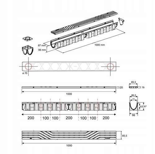 Odpływ liniowy do Garażu 3m x96x87mm do 1,5 Tony SLIM Kratka Czarna Z na Arena.pl