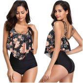 STRÓJ KĄPIELOWY BIKINI Z WYSOKIM STANEM LIŚCIE PRINT KOSTIUM CZARNY HIT S