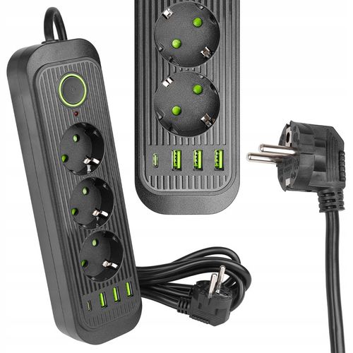 Przedłużacz listwa zasilająca 2m 3 GNIAZDA UZIEMIENIE 4x USB C CZARNY na Arena.pl