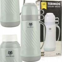 TERMOS ZE SZKLANYM WKŁADEM 1L SZARY SZCZELNY NA KAWĘ HERBATĘ DWA KUBKI