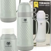 TERMOS ZE SZKLANYM WKŁADEM 1L SZARY SZCZELNY NA KAWĘ HERBATĘ DWA KUBKI