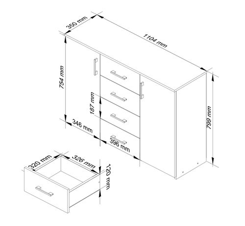 KOMODA K 45 110 cm BIAŁA / CZARNY POŁYSK na Arena.pl