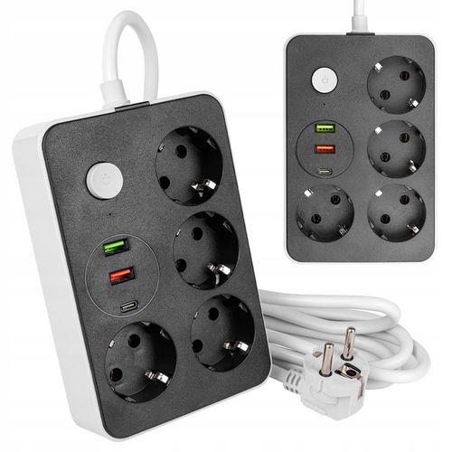 Przedłużacz listwa 2m zasilająca 3x USB UZIEMIENIE 4 GNIAZDA CZARNY 3x1MM na Arena.pl