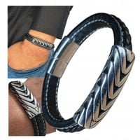 Bransoletka męska ze skóry naturalnej stal nierdzewna czarna elegancka MP11