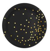 Talerzyki papierowe czarne w złote kropki, 18 cm 6 szt.