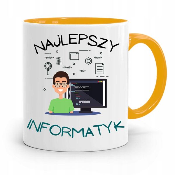 Kubek Żółty Informatyka Programisty Najlepszy Inf Z Nadrukiem Ze Zdjęciem zdjęcie 1