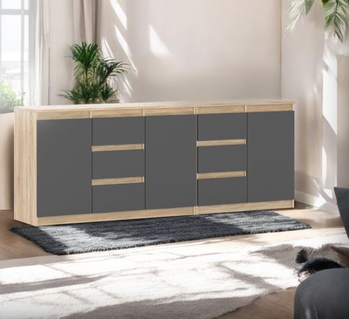 Komoda Pojemna Do Salonu Sypialni 6 Szuflad 200cm Dąb Sonoma Szara Mat na Arena.pl