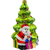 Bombka choinkowa szklana: Choinka z Mikołajem i prezentami