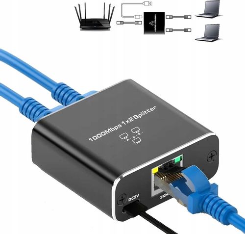 SPLITTER LAN 1x2 ADAPTER ROZDZIELACZ SWITCH 2xRJ45 ETHERNET 1000Mb GIGABIT na Arena.pl
