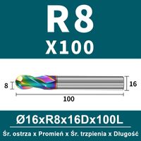 Frez kulowy, kula 2-ostrzowy VHM powłoka DLC Rozmiar: Ø16.0xR8x16Dx100L