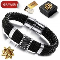 SKÓRZANA BRANSOLETKA MĘSKA CZARNA SREBRNA GRAWER NA PREZENT DLA TATY