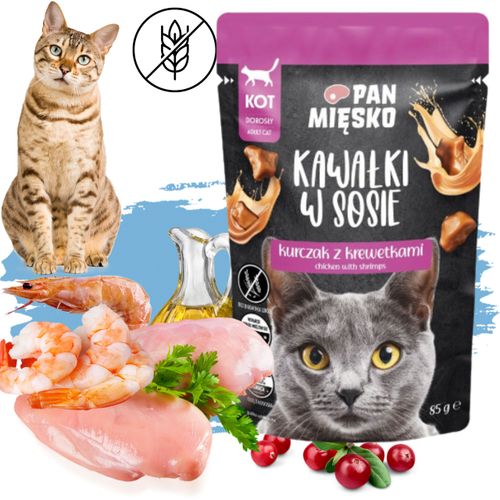 karma mokra dla kota kawałki mięsa kurczak krewetki pan mięsko 85g bez zbóż na Arena.pl
