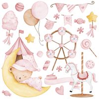 Naklejki Dla Dzieci Misiu Na Księżycu Słodycze Balony ZESTAW 120cm x 60cm