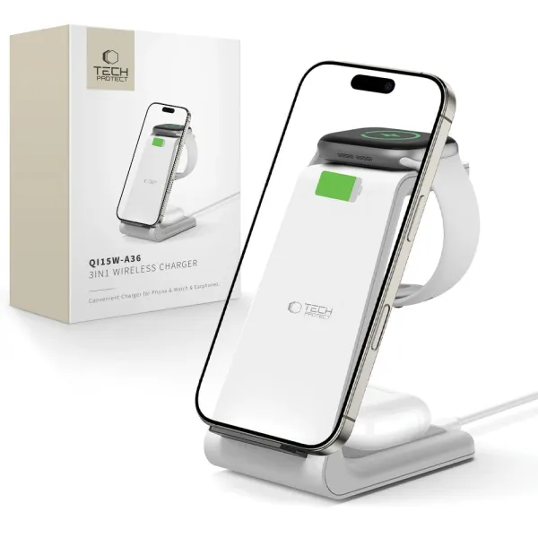 Stacja ładująca Tech-Protect QI15W-A36 3w1 dla Apple - biała zdjęcie 1