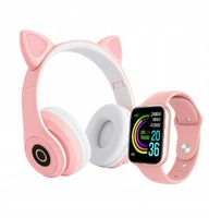 RÓZOWY SMARTWATCH + SŁUCHAWKI KOCIE USZKA LED - ZESTAW DLA DZIEWCZYNKI
