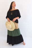 Czarno-Karmelowo-Oliwkowy Komplet Bluzki Hiszpanki i Spódnicy Maxi UNI
