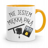 Kubek Żólty Dla Policjanta Nie Jestem Miękką Pałą Z Nadrukiem Ze Zdjęciem