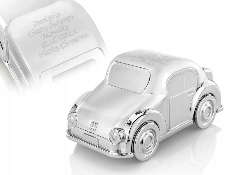 Skarbonka posrebrzana auto z grawerem prezent na chrzest dla chłopca zdjęcie 1