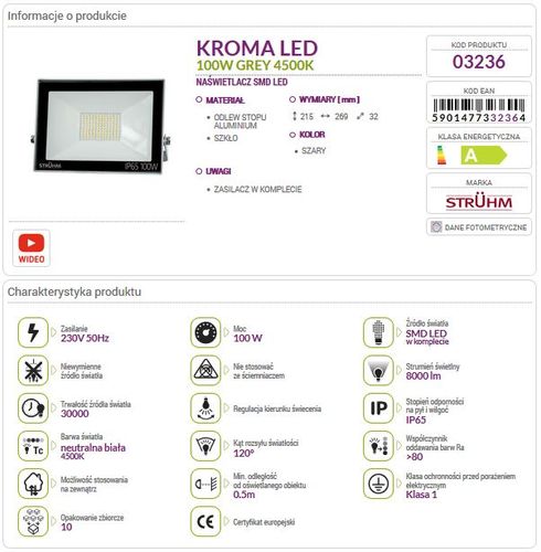 Naświetlacz LED KROMA 100W 4500K grey 03236 Struhm na Arena.pl