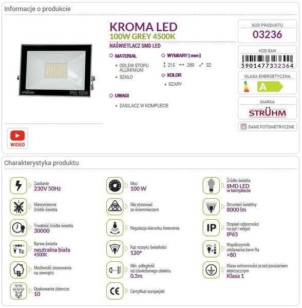 Naświetlacz LED KROMA 100W 4500K grey 03236 Struhm zdjęcie 4