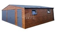 GARAŻ BLASZANY 8m x 7m dwuspad - 2x Brama + drzwi + 2x okno - Rynny - ciemny orzech drewnopodobny + antracyt Blachodachówka TS374 8x7