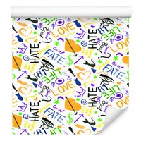 Tapeta dla dziewczynki kolorowe napisy serca kotki