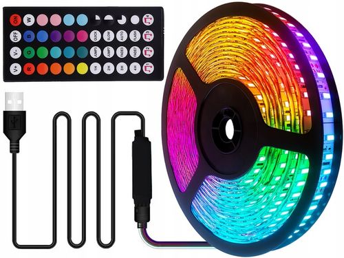 TAŚMA LED RGB 5m Ledy 5050 Listwa 5V KOLOROWA NA PILOTA + APLIKACJA na Arena.pl