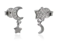 WISZĄCE RODOWANE SREBRNE ASYMETRYCZNE KOLCZYKI GWIAZDKA KSIĘŻYC CYRKONIE