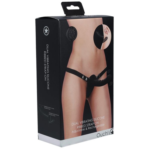 Ouch! - Dual Vibrating - Rechargeable - 10 Speed Silicone Ribbed Strap-On zdjęcie 3