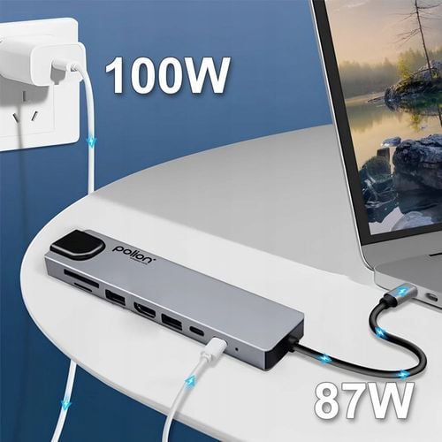 Adapter HUB 8w1 POLION USB-C przejściówka USB 3.0 PD HDMI 4K SD LAN na Arena.pl