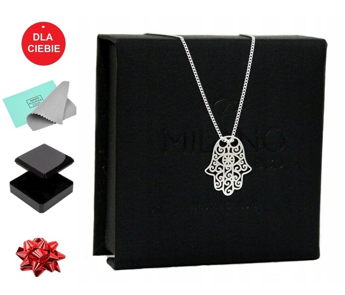 NASZYJNIK SREBRNY łańcuszek z zawieszką HAMSA RĘKA FATIMY CELEBRYTKA 45 cm zdjęcie 1