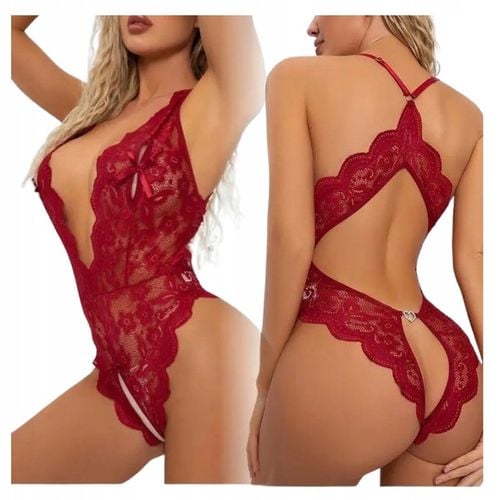 BORDOWE CZERWONE EROTYCZNE BODY KORONKOWE OTWARTYM KROKIEM DZIURKĄ 38 M/L na Arena.pl