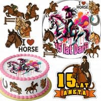 ZESTAW OPŁATEK NA TORT 20CM + 16 POSTACI - JAZDA KONNO KOŃ + IMIĘ 15CM 18CM