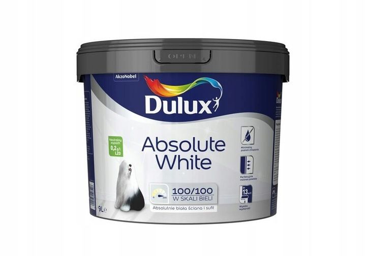 DULUX ABSOLUTE WHITE 9L FARBA BIAŁA DO ŚCIAN I SUFITÓW zdjęcie 2